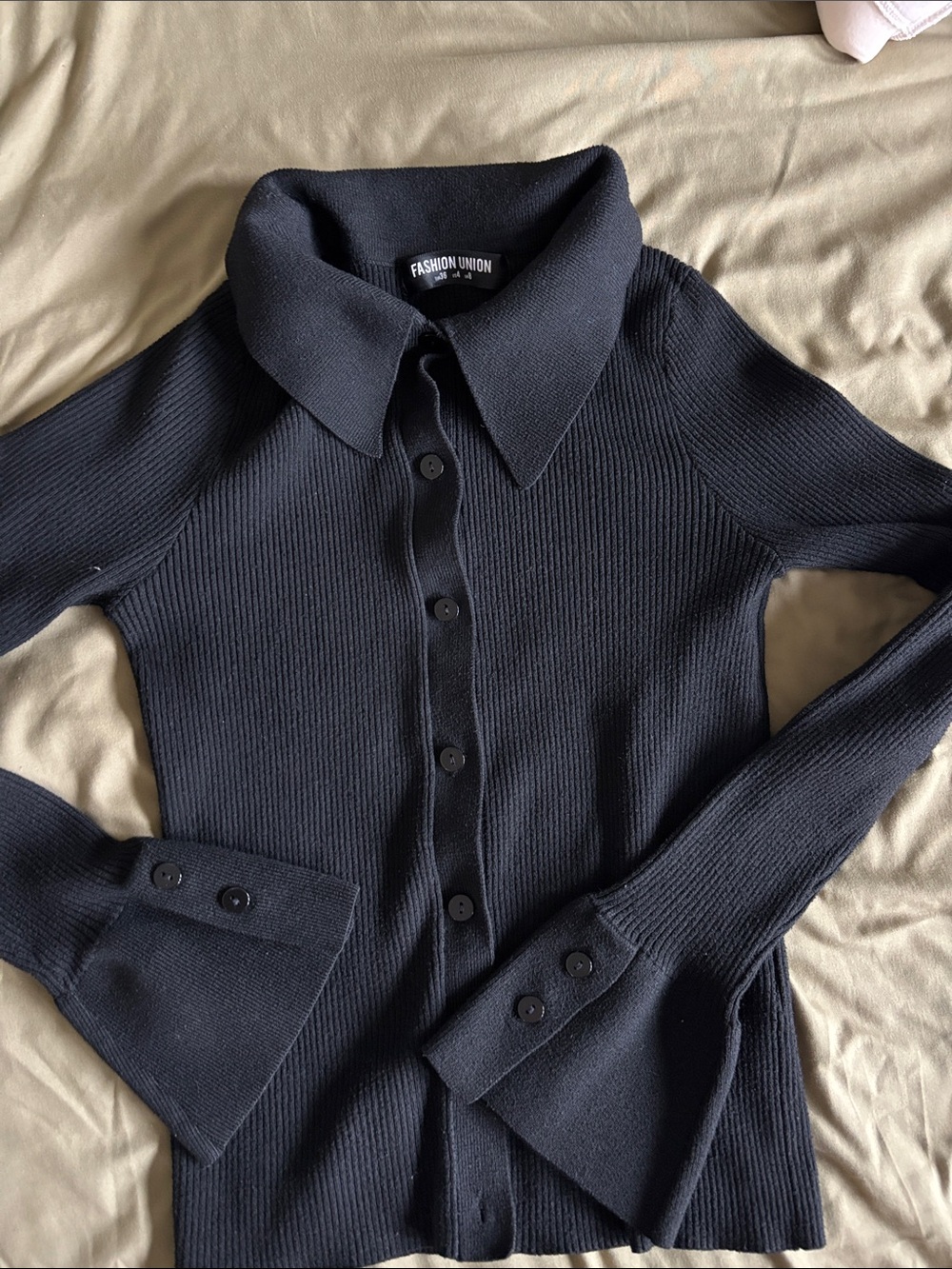 Fashion Union Black Ribbed Button-Front Collared Top
